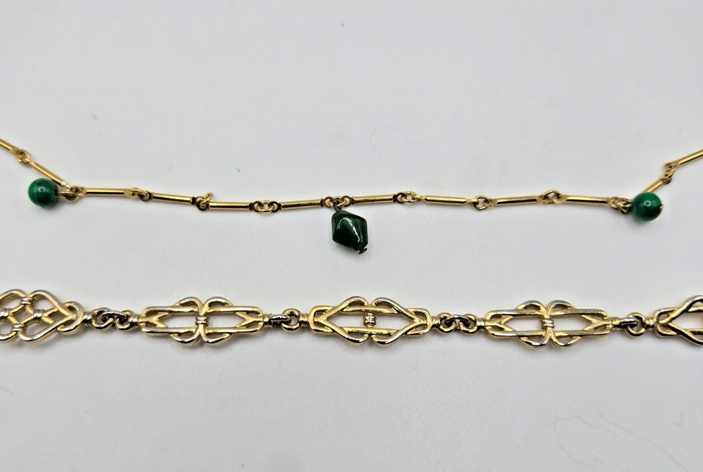 Two Vintage Goldtone Necklaces Art Deco Style Link and Bar Link Green Drop Beads